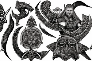 fantasy beautiful viking tattoo design full body, on the background of weapons and shields : : black on white : : highly detailed, realistic, 8k render --ar 2:3 tattoo idea