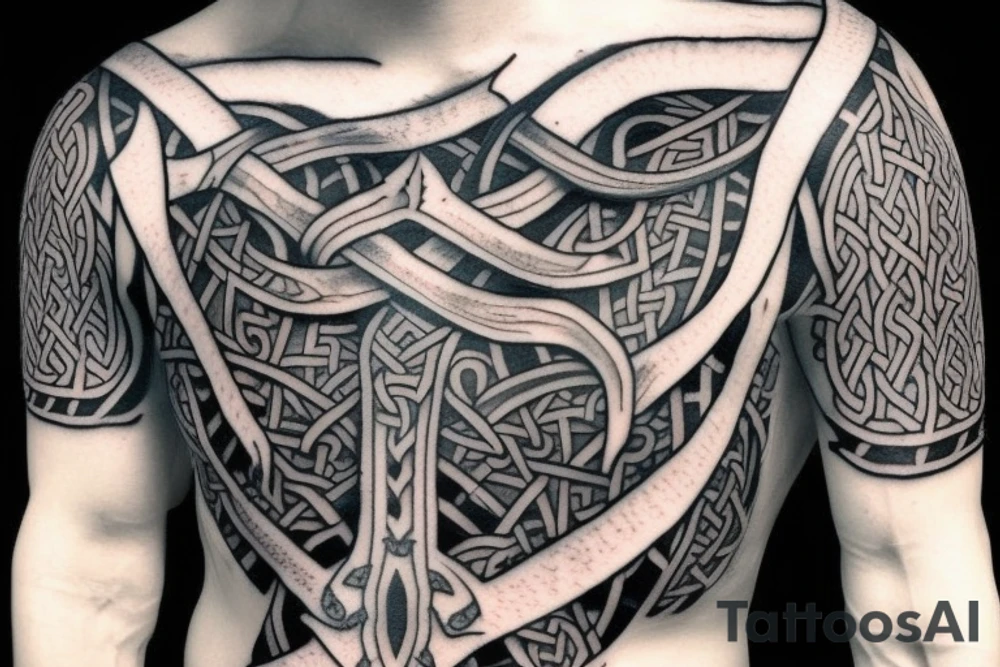 fantasy beautiful viking tattoo design full body, on the background of weapons and shields : : black on white : : highly detailed, realistic, 8k render --ar 2:3 tattoo idea