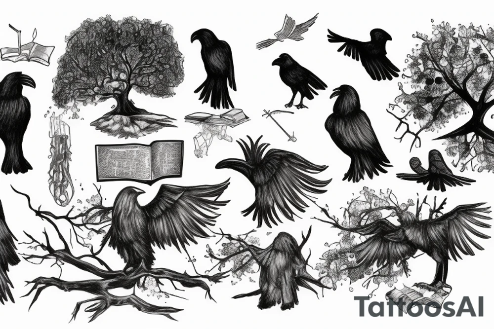 Trees, soldiers, music, books, ravens tattoo idea