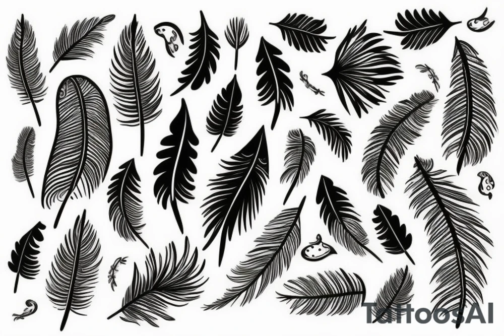 Literature, musical notes, trees, backdrop of feathers tattoo idea