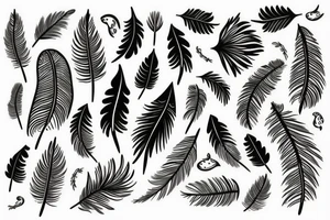 Literature, musical notes, trees, backdrop of feathers tattoo idea