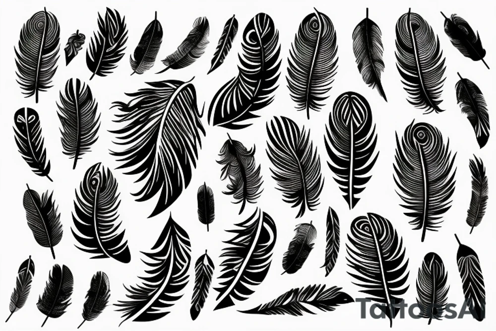 Literature, musical notes, trees, backdrop of feathers tattoo idea