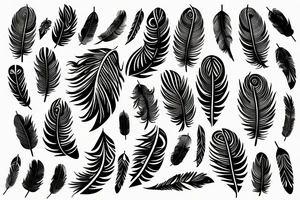 Literature, musical notes, trees, backdrop of feathers tattoo idea