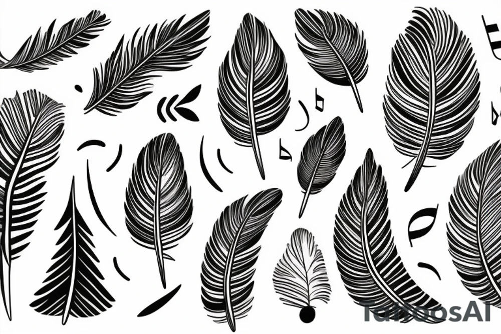 Literature, musical notes, trees, backdrop of feathers tattoo idea