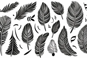 Literature, musical notes, trees, backdrop of feathers tattoo idea