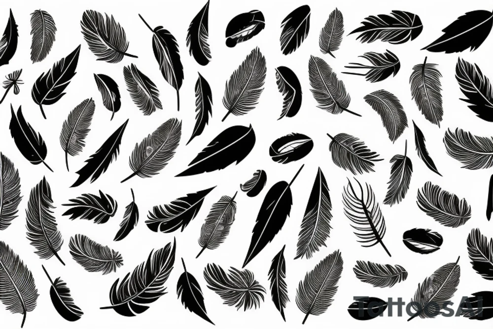 Literature, musical notes, trees, backdrop of feathers tattoo idea