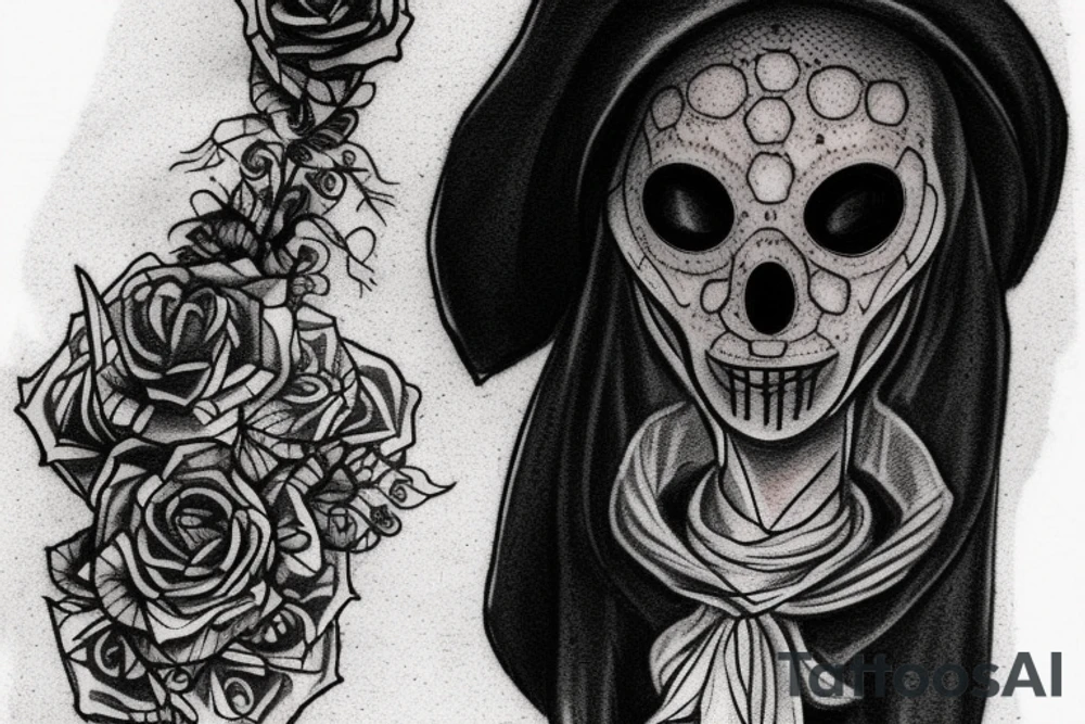 Create a black work tattoo sketch of a female plague doctor. The style should be dark, but with some cute notes. The sketch should use black ink only, with no shades, and should incorporate elements of dot work. The female plague doctor should have feminine features, but the overall mood and style of the tattoo should be sinister and evil. tattoo idea