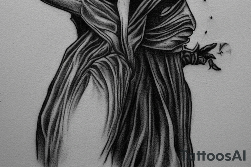 Create a black work tattoo sketch of a female plague doctor. The style should be dark, but with some cute notes. The sketch should use black ink only, with no shades, and should incorporate elements of dot work. The female plague doctor should have feminine features, but the overall mood and style of the tattoo should be sinister and evil. tattoo idea