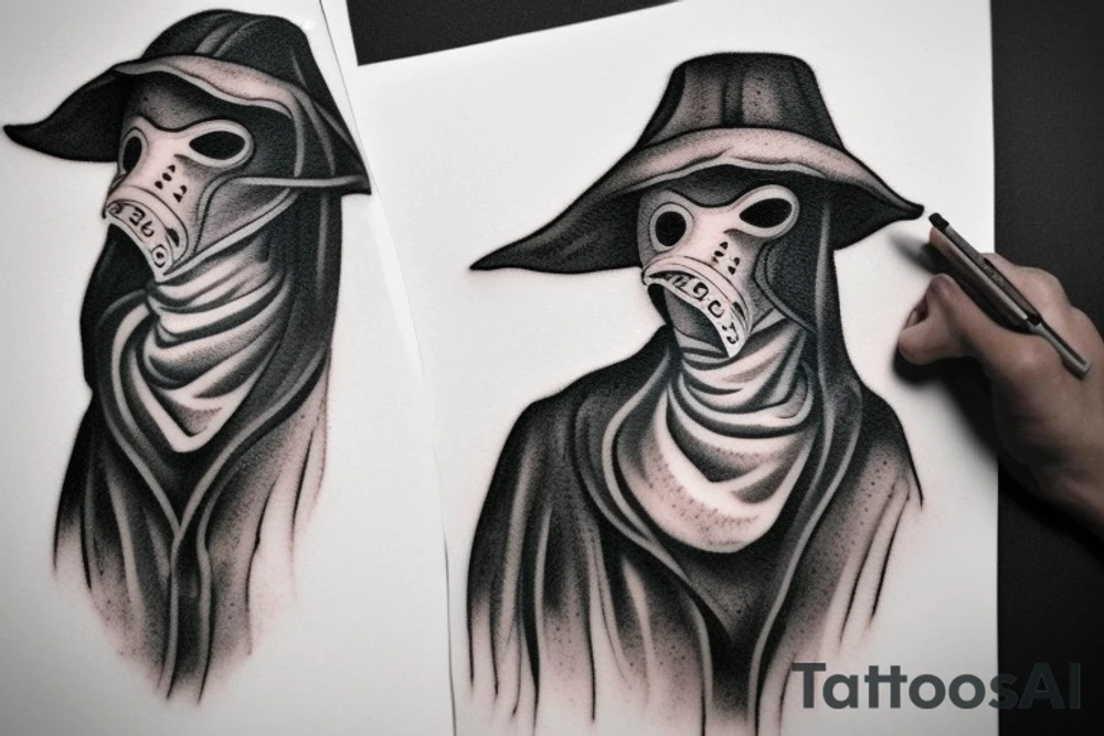 Create a black work tattoo sketch of a female plague doctor. The style should be dark, but with some cute notes. The sketch should use black ink only, with no shades, and should incorporate elements of dot work. The female plague doctor should have feminine features, but the overall mood and style of the tattoo should be sinister and evil. tattoo idea