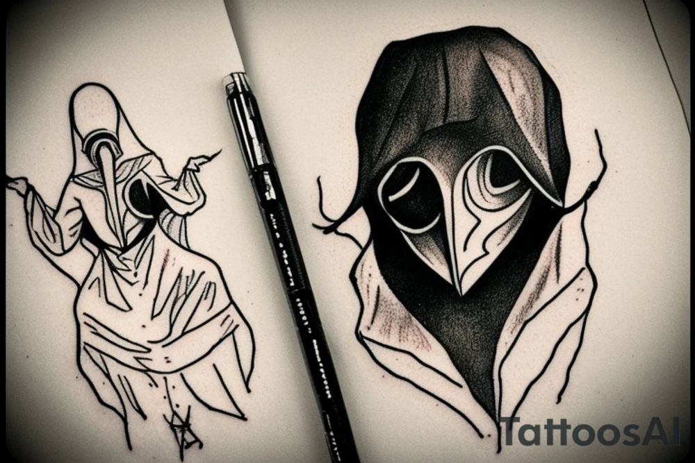 Create a black work tattoo sketch of a female plague doctor. The style should be dark, but with some cute notes. The sketch should use black ink only, with no shades, and should incorporate elements of dot work. The female plague doctor should have feminine features, but the overall mood and style of the tattoo should be sinister and evil. tattoo idea
