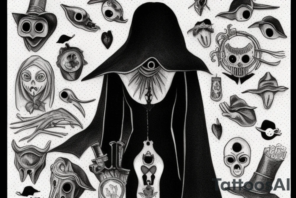 Female plague doctor. The style should be dark, but with some cute notes. The sketch should use black ink only, with no shades, and should incorporate elements of dot work. The female plague doctor should have feminine features, but the overall mood and style of the tattoo should be sinister and evil. tattoo idea