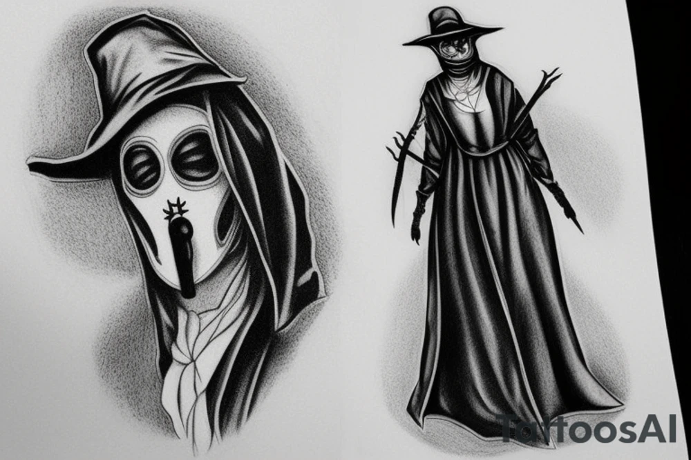 Female plague doctor. The style should be dark, but with some cute notes. The sketch should use black ink only, with no shades, and should incorporate elements of dot work. The female plague doctor should have feminine features, but the overall mood and style of the tattoo should be sinister and evil. tattoo idea