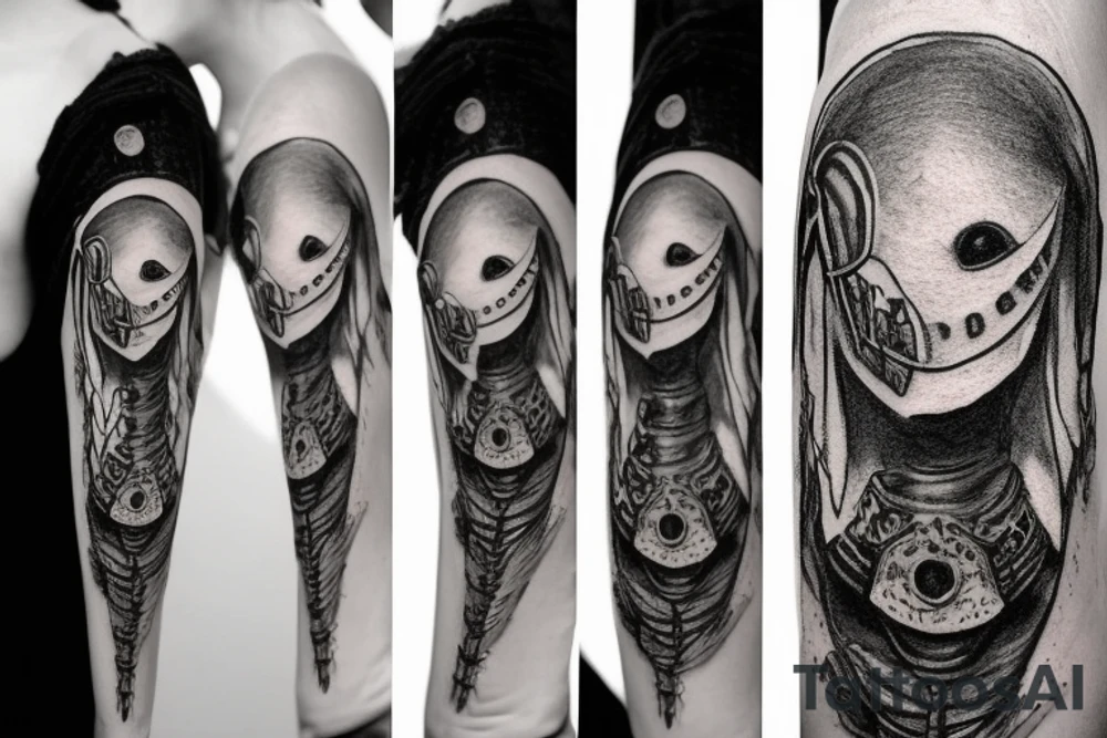 Female plague doctor. The style should be dark, but with some cute notes. The sketch should use black ink only, with no shades, and should incorporate elements of dot work. The female plague doctor should have feminine features, but the overall mood and style of the tattoo should be sinister and evil. tattoo idea