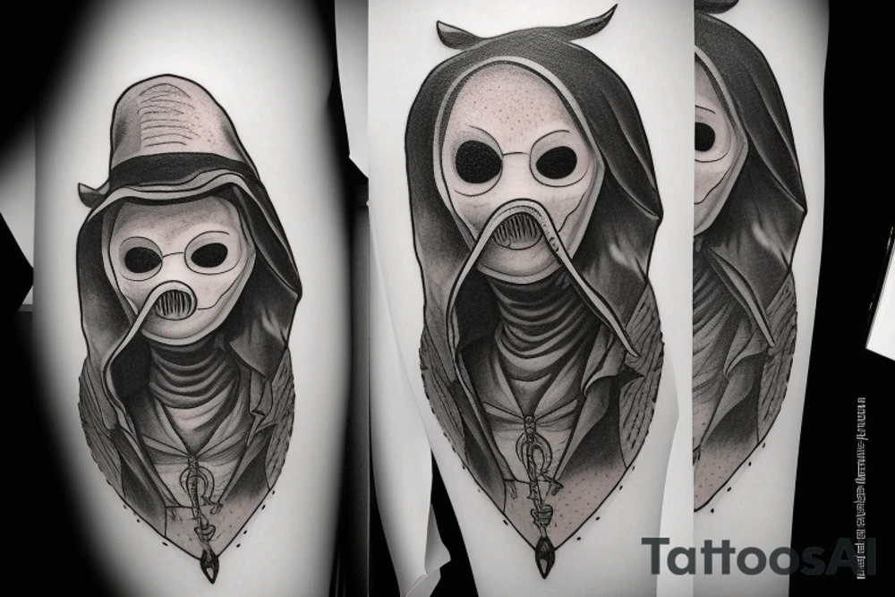 Female plague doctor. The style should be dark, but with some cute notes. The sketch should use black ink only, with no shades, and should incorporate elements of dot work. The female plague doctor should have feminine features, but the overall mood and style of the tattoo should be sinister and evil. tattoo idea
