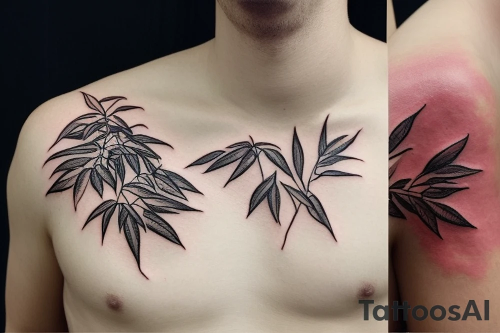the tattoo would be a sleeve tattoo that runs from my hand up to my shoulder. It would feature black bamboo stalks with leaves, and in between them, there would be a black bonsai tree with red leaves. The bonsai tree would be smaller in size than the bamboo stalks to create
contrast.
Additionally, I would like the Japanese characters "私の雲" written in the tattoo. "私の雲" means "my cloud" in English, and it would likely be written in a calligraphy style to match the aesthetic of the tattoo. tattoo idea
