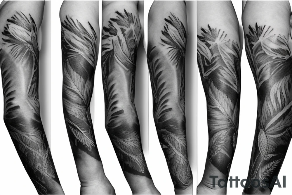 Forearm sleeve tattoo with leaves and an american eagle tattoo idea