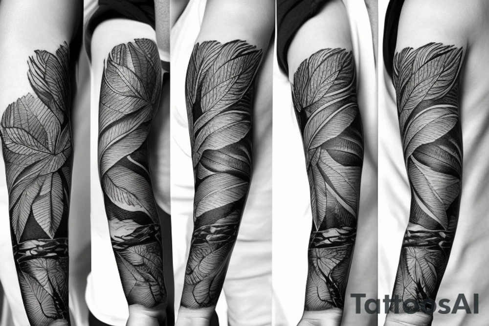 Forearm sleeve tattoo with leaves and an american eagle tattoo idea