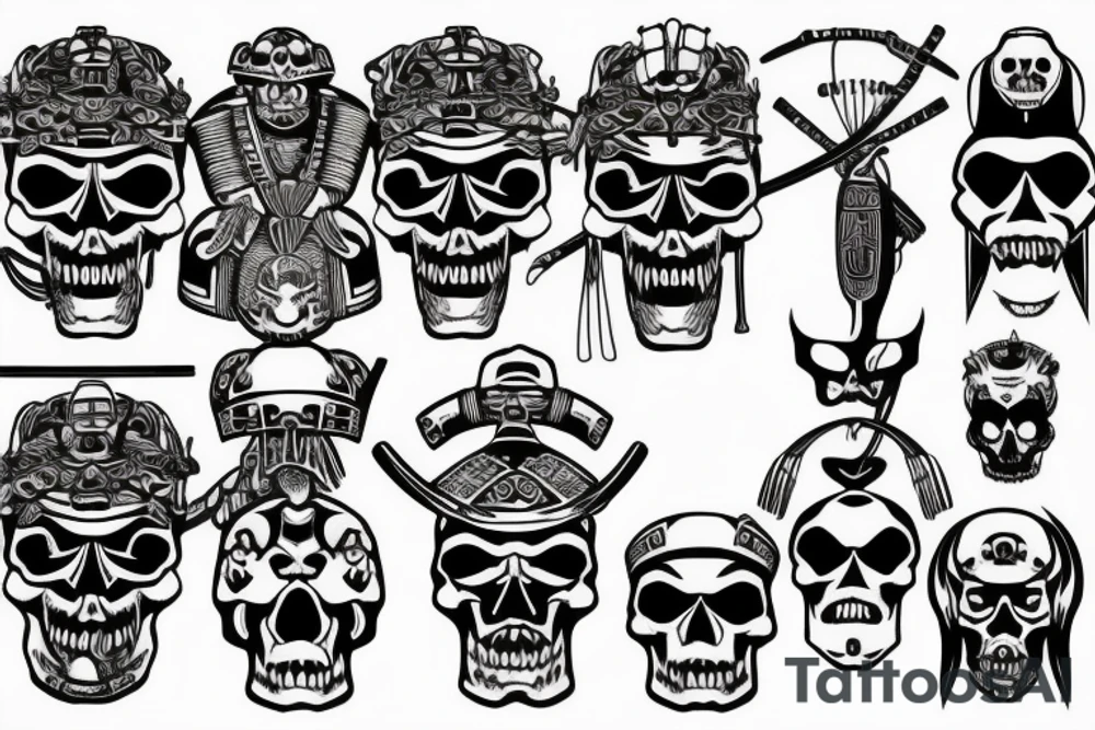 Skull of samurai with japanese helmet tattoo idea