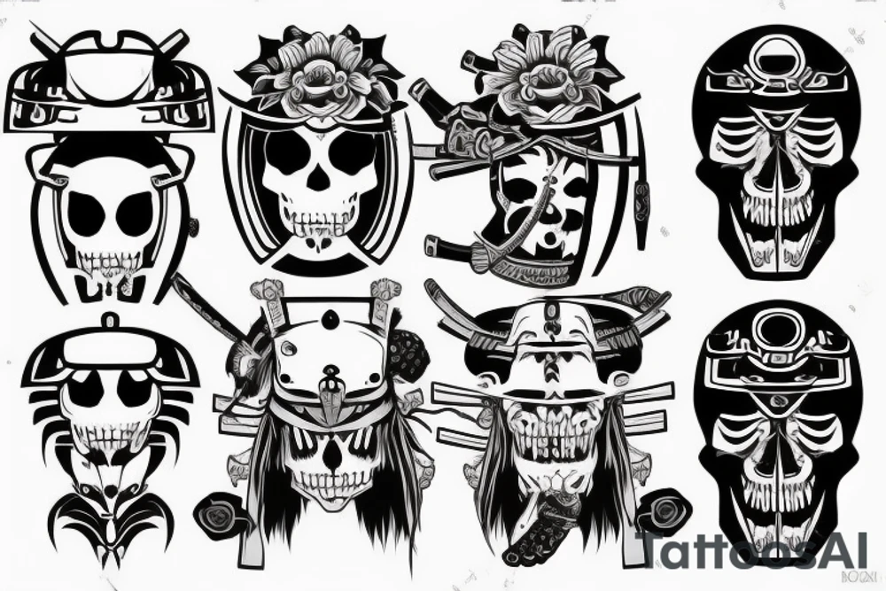 Skull of samurai with japanese helmet tattoo idea