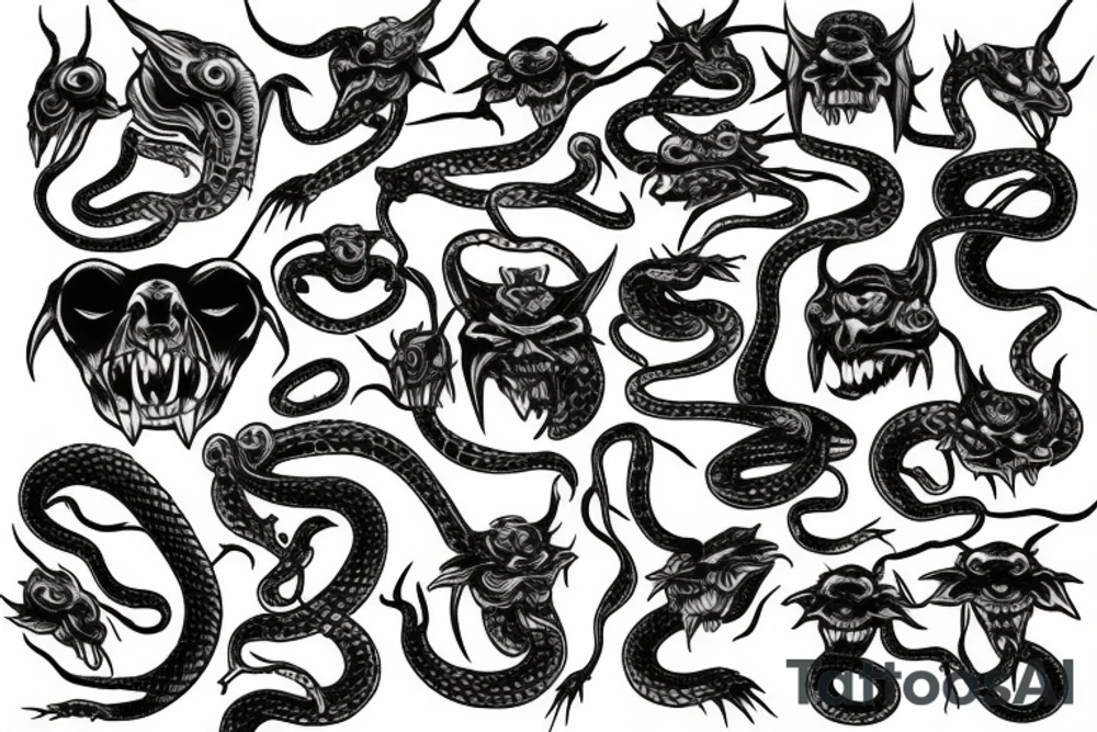 Snakes with demon heads tattoo idea