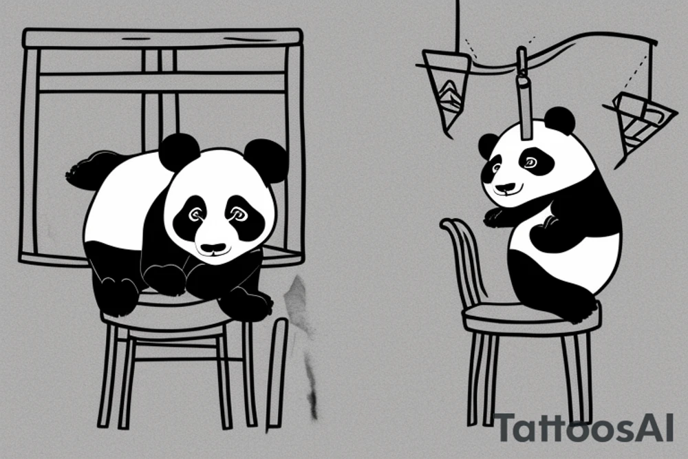 A panda hanging over a small wooden chair, while exhaling like its finally done with a big task tattoo idea