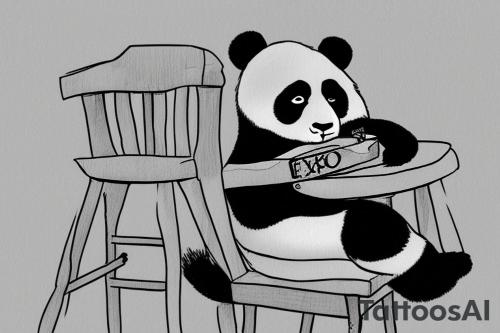 A panda hanging over a small wooden chair, while exhaling like its finally done with a big task tattoo idea