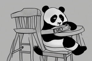 A panda hanging over a small wooden chair, while exhaling like its finally done with a big task tattoo idea