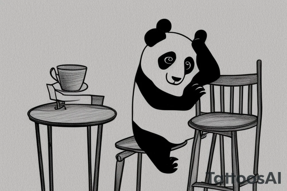 A panda hanging over a small wooden chair, while exhaling like its finally done with a big task tattoo idea