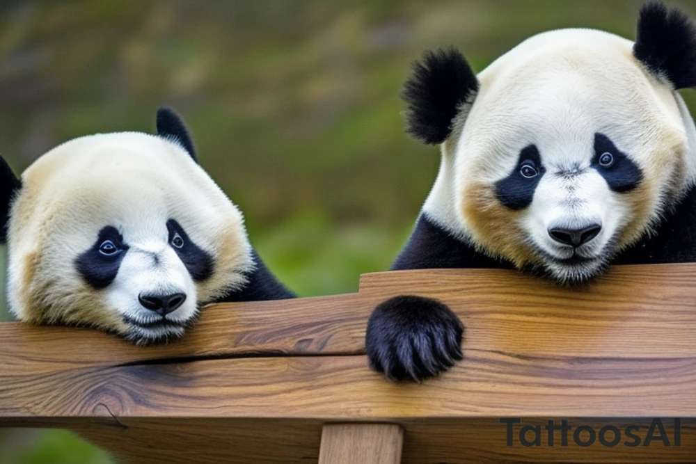 The tattoo features a cute panda sitting on a wooden chair with its back resting against the backrest. The panda has a relaxed posture, with its arms resting on the armrests and its legs slightly apart. The panda's head is slightly tilted to one side, and its eyes are closed, as if it's taking a moment to rest.

The focus of the tattoo is on the panda's face. The panda is shown exhaling, with its mouth slightly open and its tongue sticking out a bit. The exhale is depicted as a cloud of white smoke coming out of the panda's mouth, which adds a playful touch to the design.

The overall style of the tattoo is simple and cartoonish, with bold lines and minimal shading. The chair and the background are kept simple, with just a few lines to suggest the shape and texture of the wood. tattoo idea