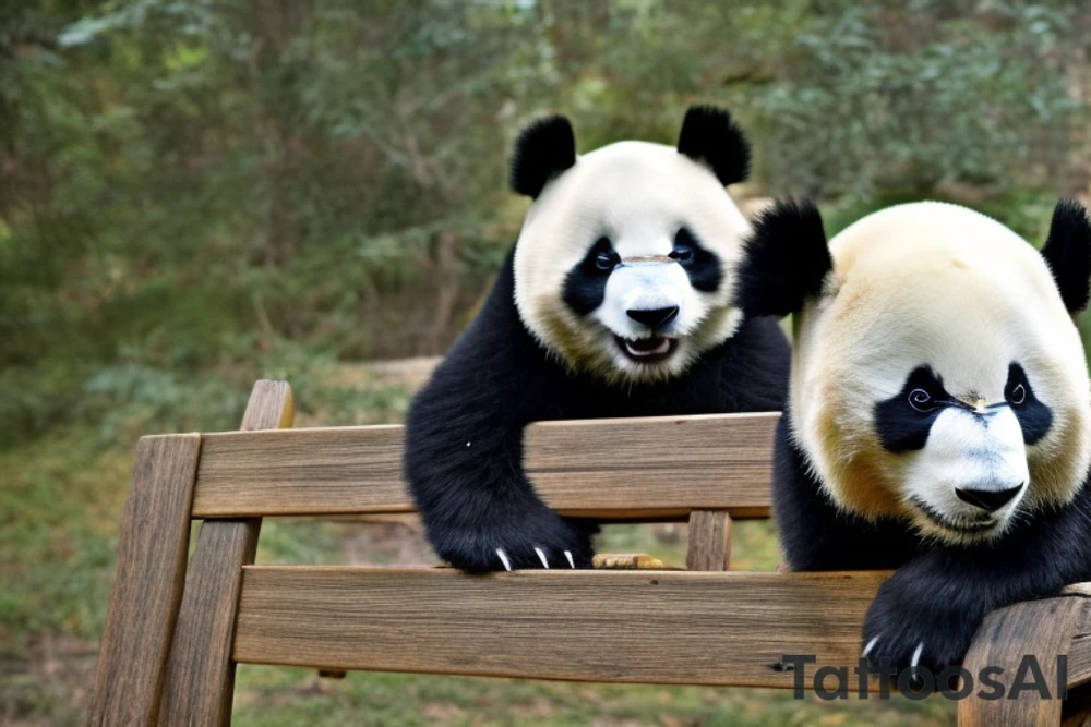 The tattoo features a cute panda sitting on a wooden chair with its back resting against the backrest. The panda has a relaxed posture, hanging over the chair. The pandas eyes are closed, as if it's taking a moment to rest.

The panda is shown exhaling, with its mouth slightly open and its tongue sticking out a bit. The exhale is depicted as a cloud of white smoke coming out of the panda's mouth, which adds a playful touch to the design.

The overall style of the tattoo is simple and cartoonish, with bold lines and minimal shading. The chair and the background are kept simple, with just a few lines to suggest the shape and texture of the wood. tattoo idea