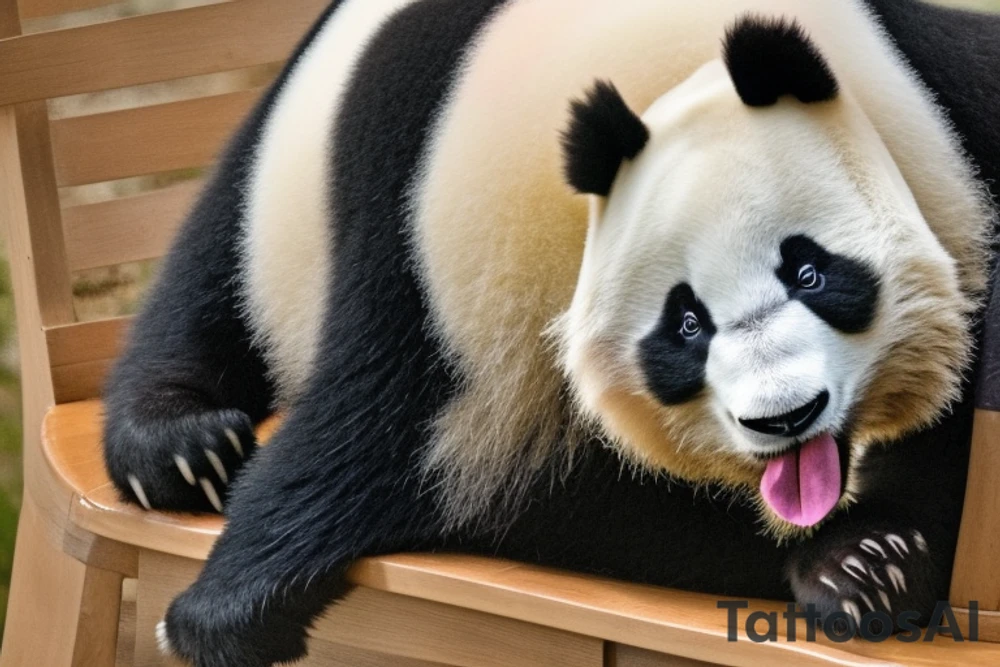 The tattoo features a cute panda sitting on a wooden chair with its back resting against the backrest. The panda has a relaxed posture, hanging over the chair. The pandas eyes are closed, as if it's taking a moment to rest.

The panda is shown exhaling, with its mouth slightly open and its tongue sticking out a bit. The exhale is depicted as a cloud of white smoke coming out of the panda's mouth, which adds a playful touch to the design.

The overall style of the tattoo is simple and cartoonish, with bold lines and minimal shading. The chair and the background are kept simple, with just a few lines to suggest the shape and texture of the wood. tattoo idea
