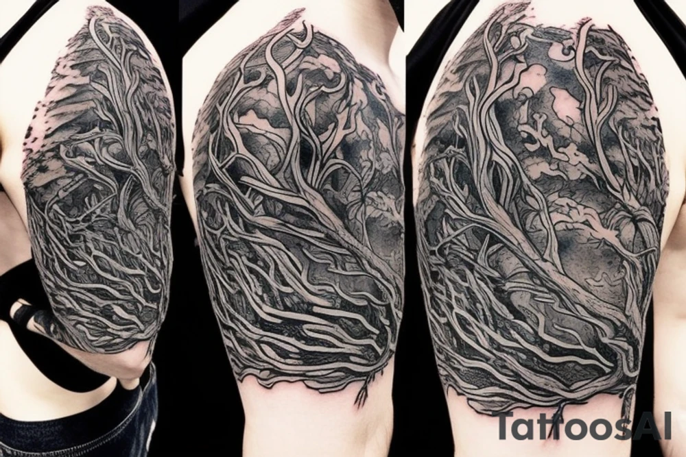 Harry potter and lord of the rings inspired full fullarm tattoo that involves branches and waves tattoo idea