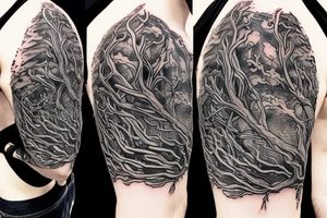 Harry potter and lord of the rings inspired full fullarm tattoo that involves branches and waves tattoo idea