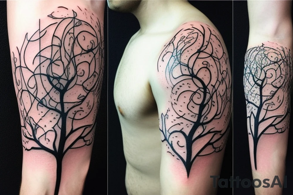 Harry potter and lord of the rings inspired full fullarm tattoo that involves branches and waves tattoo idea