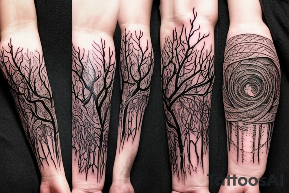 Harry potter and lord of the rings inspired full forearm tattoo that involves branches and waves tattoo idea