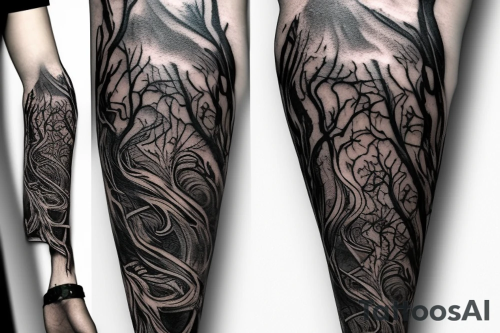 Harry potter and lord of the rings inspired full forearm tattoo that involves branches and waves tattoo idea