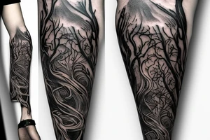 Harry potter and lord of the rings inspired full forearm tattoo that involves branches and waves tattoo idea