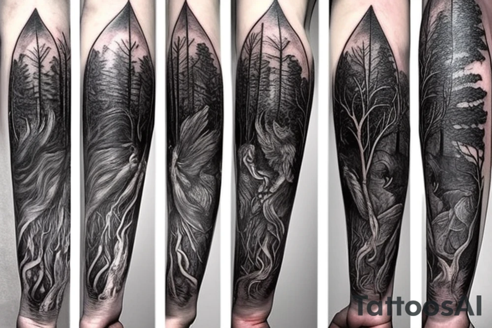 Harry potter and lord of the rings inspired full forearm tattoo that involves trees, clock and water tattoo idea