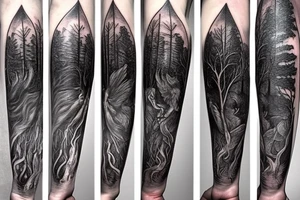 Harry potter and lord of the rings inspired full forearm tattoo that involves trees, clock and water tattoo idea