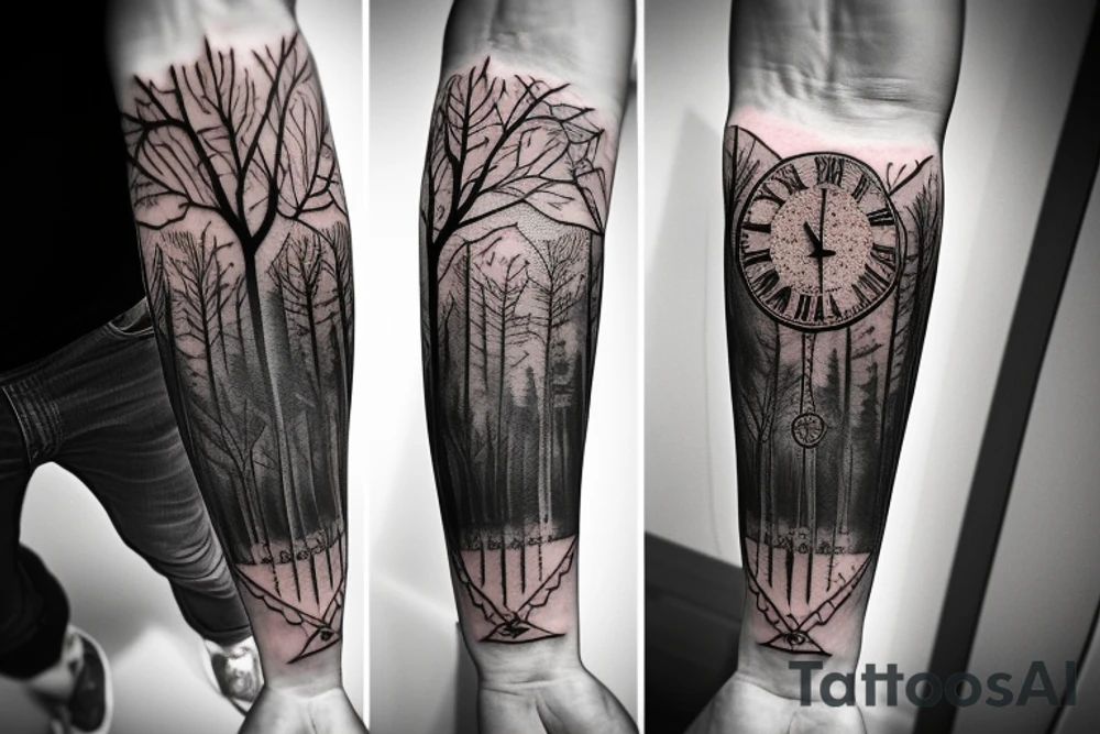 Harry potter and lord of the rings inspired full forearm tattoo that involves trees, clock and water tattoo idea