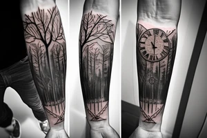 Harry potter and lord of the rings inspired full forearm tattoo that involves trees, clock and water tattoo idea