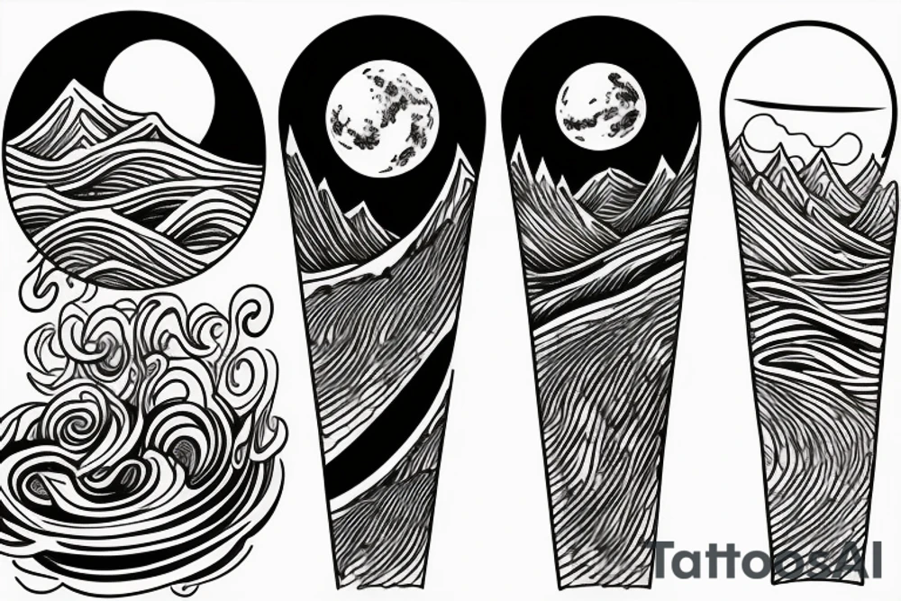 Mountains on one side with the moon, ocean in the other with the sun tattoo idea