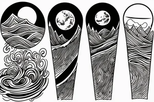 Mountains on one side with the moon, ocean in the other with the sun tattoo idea