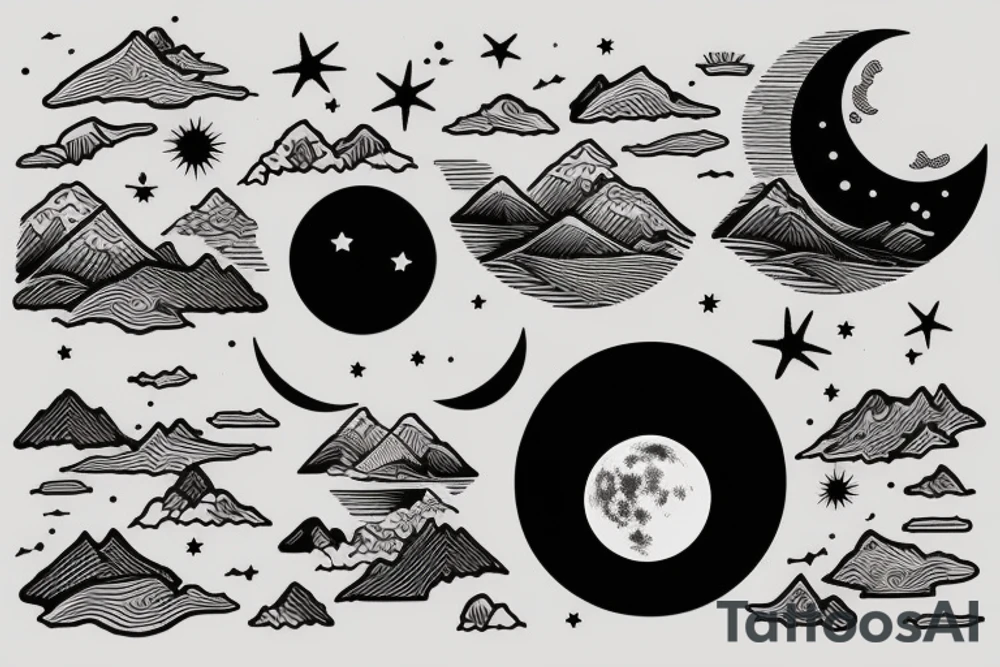 Mountains on one side with the moon, ocean in the other with the sun tattoo idea