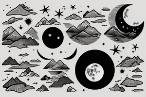Mountains on one side with the moon, ocean in the other with the sun tattoo idea