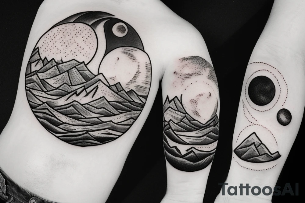 Mountains on one side with the moon, ocean in the other with the sun tattoo idea