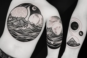 Mountains on one side with the moon, ocean in the other with the sun tattoo idea