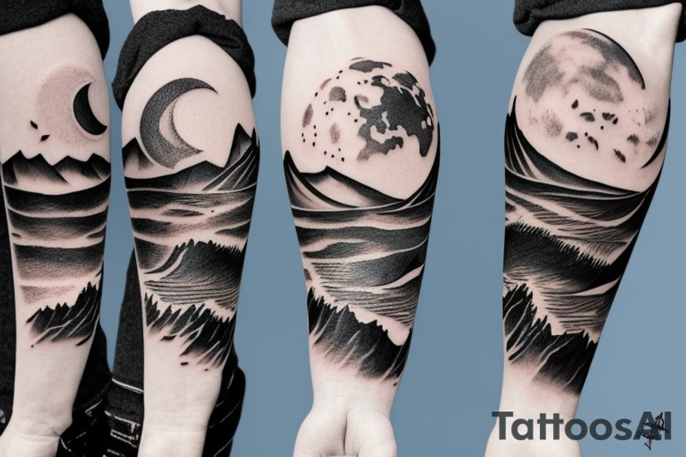 Mountains on one side with the moon, ocean in the other with the sun tattoo idea