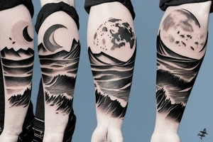 Mountains on one side with the moon, ocean in the other with the sun tattoo idea