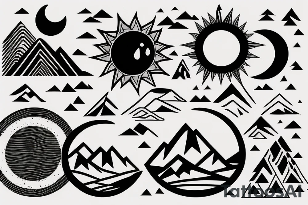 Mountains on one side with the moon, ocean in the other with the sun divided by a line tattoo idea